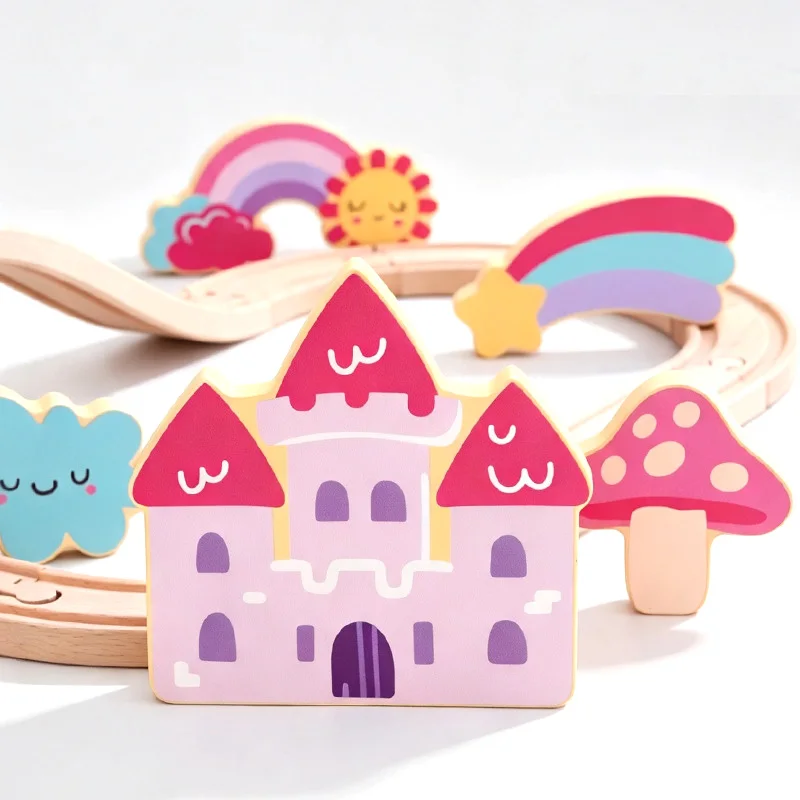 Wooden Train Track Building Blocks Set Educational DIY Assemble Train Toy with Rainbow Bridge Castle Accessories for Girls Gift