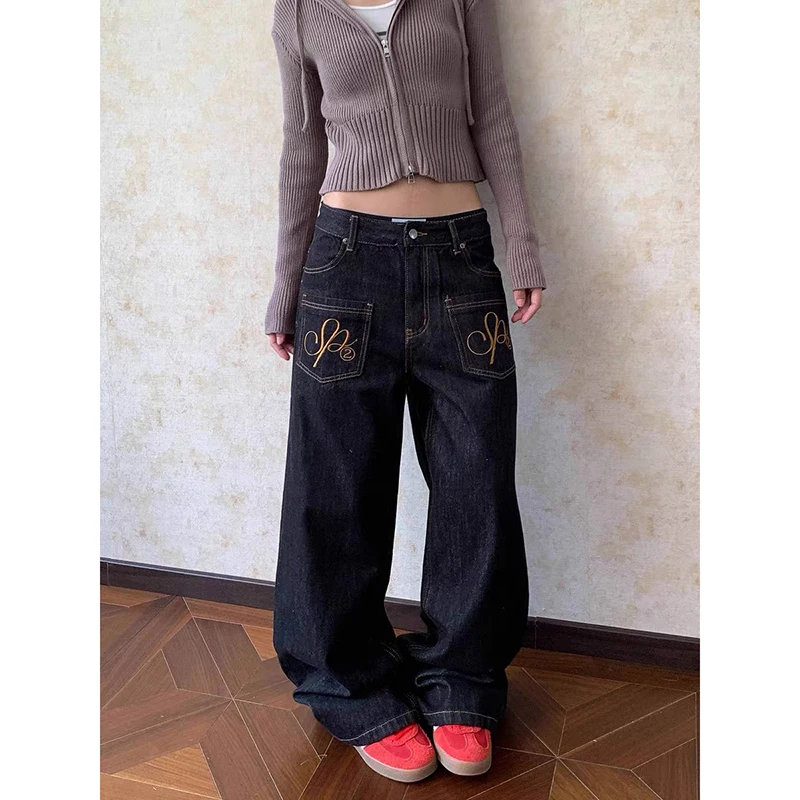 Celana Jeans Wanita ZHIZOU Model Baggy Bordir Gaya Grunge Jepang Low Rise Y2K Denim Estetika 2000-an Harajuku Abi Grunge Cyber Punk