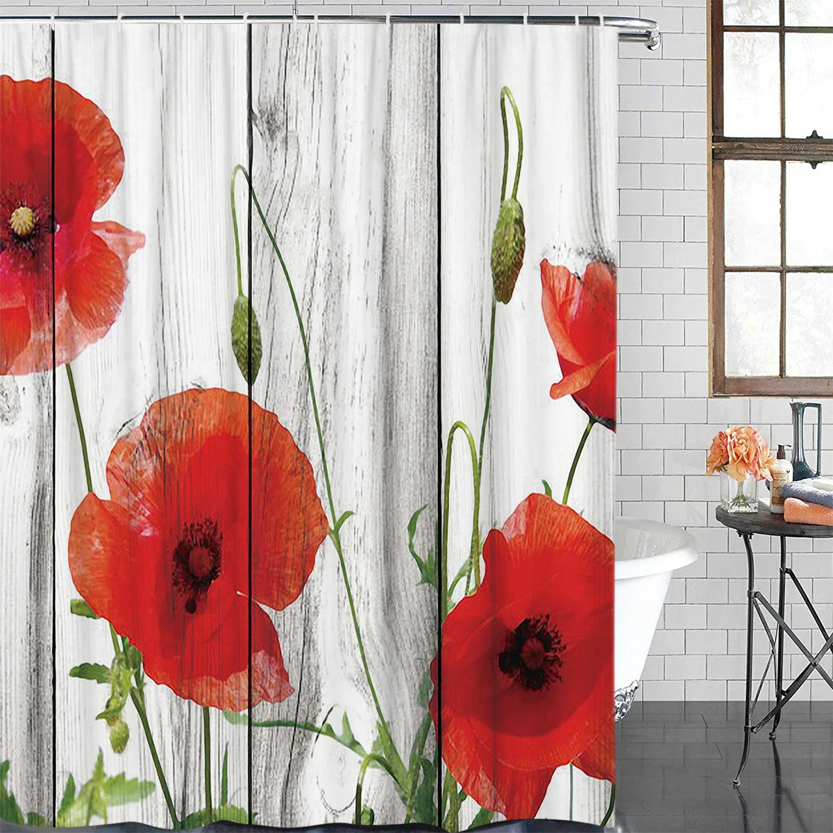 Vintage Wood Red Flowers Poppy Waterproof Shower Curtain Polyester Fabric Printed Bath Curtains Bathroom Decorations Accessories