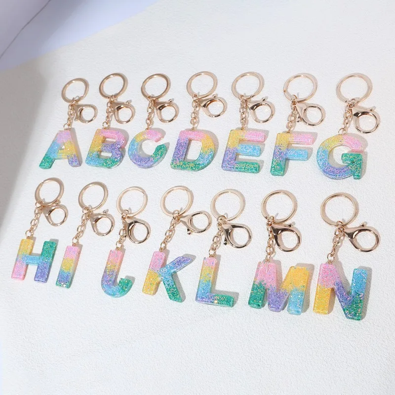 

Rainbow 26 English Letters Tassel Keychain Acrylic Glitter Resin Bag Pendant Car Key Accessories for Girls