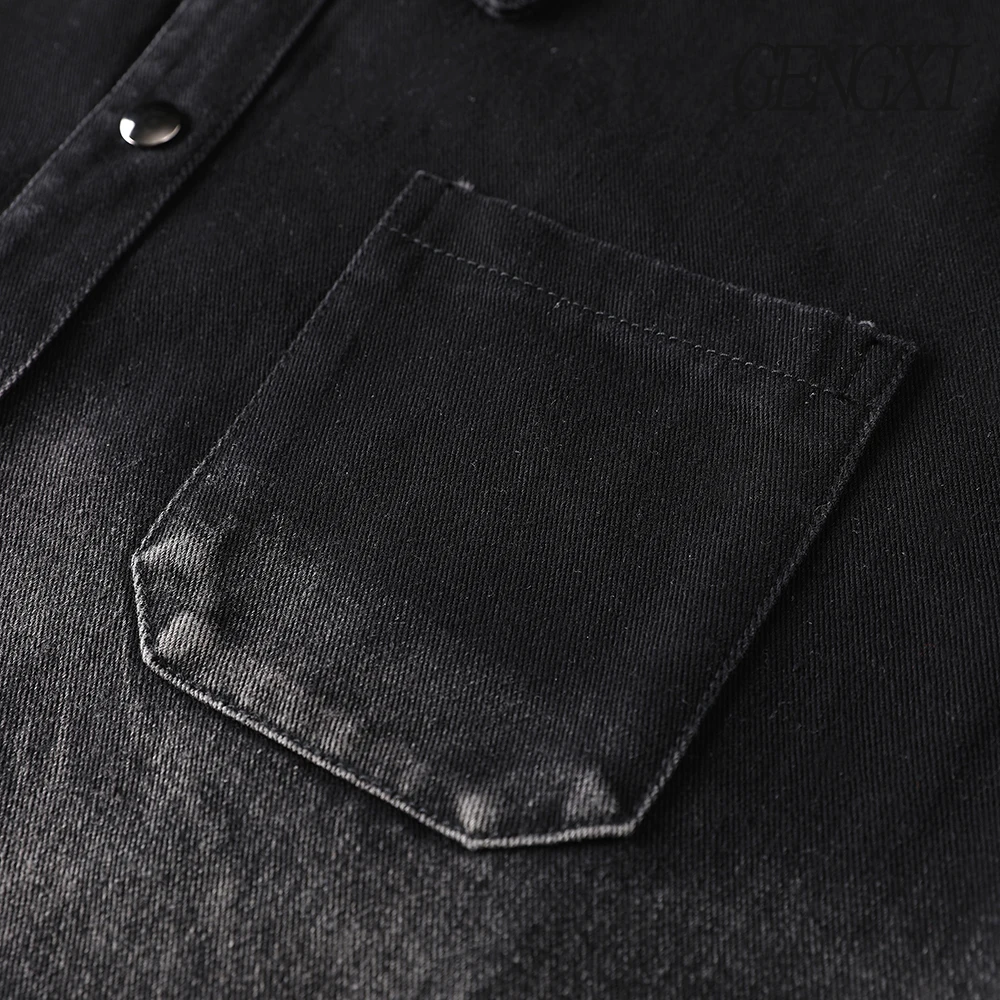 سترة جينز بتصميم متدرج مغسول أمريكي عتيق للخريف/الشتاء سترة قميص جديدة بأزرار سفلية واحدة الصدر