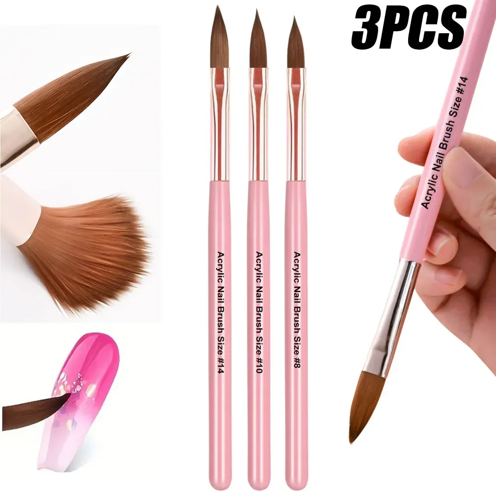 3Pcs Acrylic Nail Brush Set #8/10/14 Professional Acrylic Powder Extension Nail Brushes Nail Art 3D Carving Manicure Salon Tools