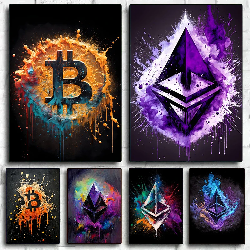 Póster de acuarela Crypto Splatter Bitcoin Ethereum ETH BTC, monedas virtuales criptográficas, pintura en lienzo, arte de pared para decoración de sala de oficina