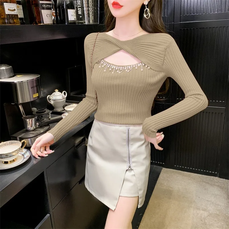 Sweater Women 2023 Spring Autumn New O-Neck Hollow Out Streetwear Solid Knitted Sweaters Slim Korean Fashion Pullovers