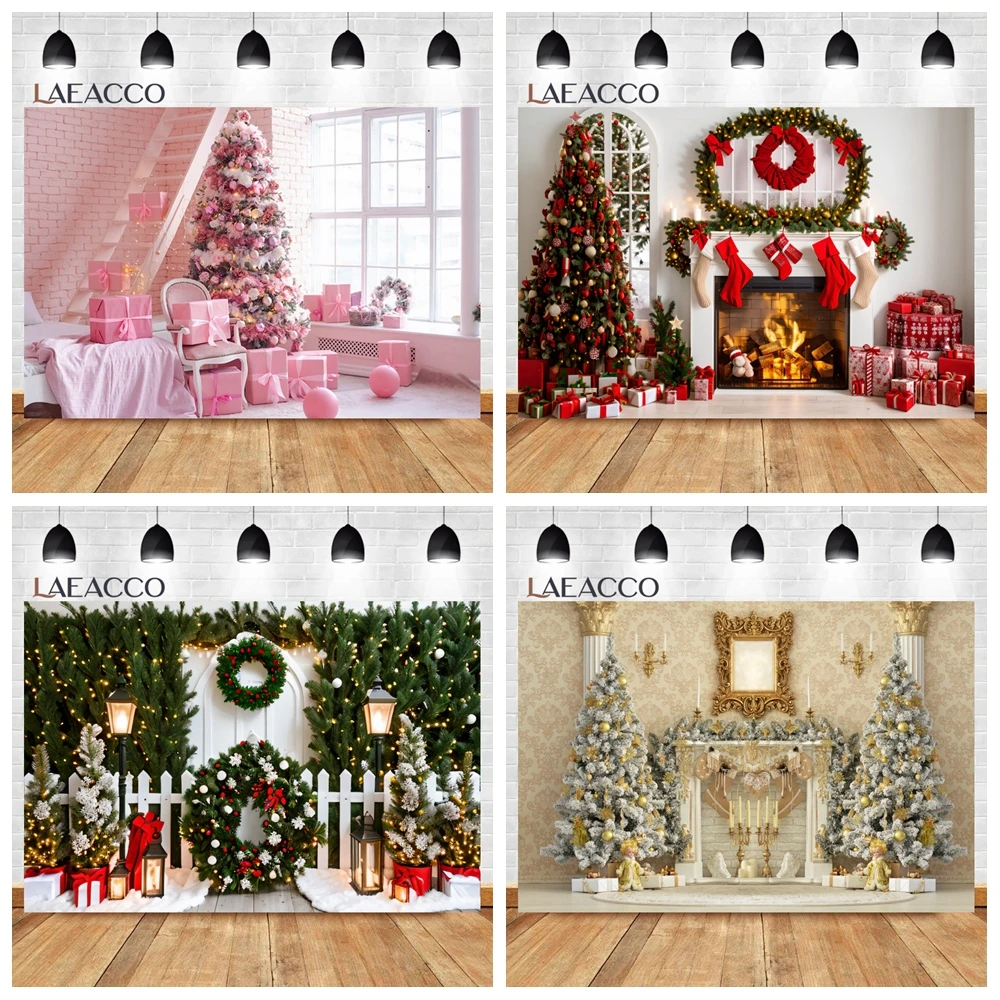 Pink Christmas Tree Brick Wall Window Background Living Room Decor Children Portrait Photograph Backdrop Family Photocall Poster