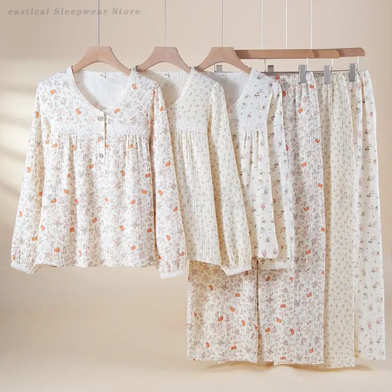 

Ladies Summer Spring Summer Sweet Floral Pajamas Cute Puff Sleeve Loose Thin Nightwear 2 Pcs Shirt&pant Home Wear Sleepwear