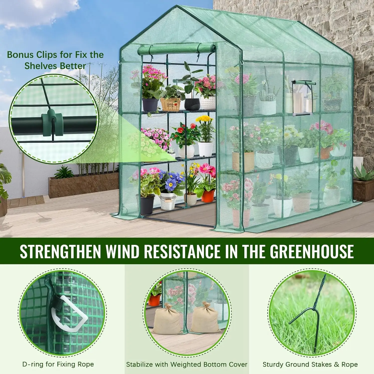 56 x 85 x 75'' Greenhouses for Outdoors, Portable Greenhouse Kit with Mesh Side Windows, PE Cover, 8 Shelve