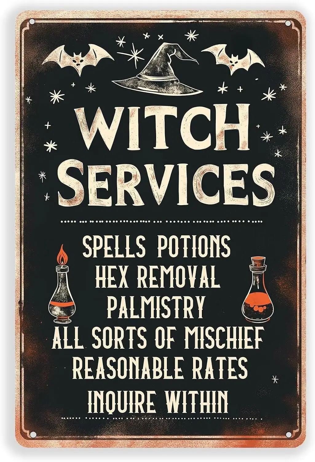 Witch Services Tin Sign Gothic Witch Potion Halloween Metal Sign for Home Bar Cafe Porch Room Garage Pary Wall Art Plaque