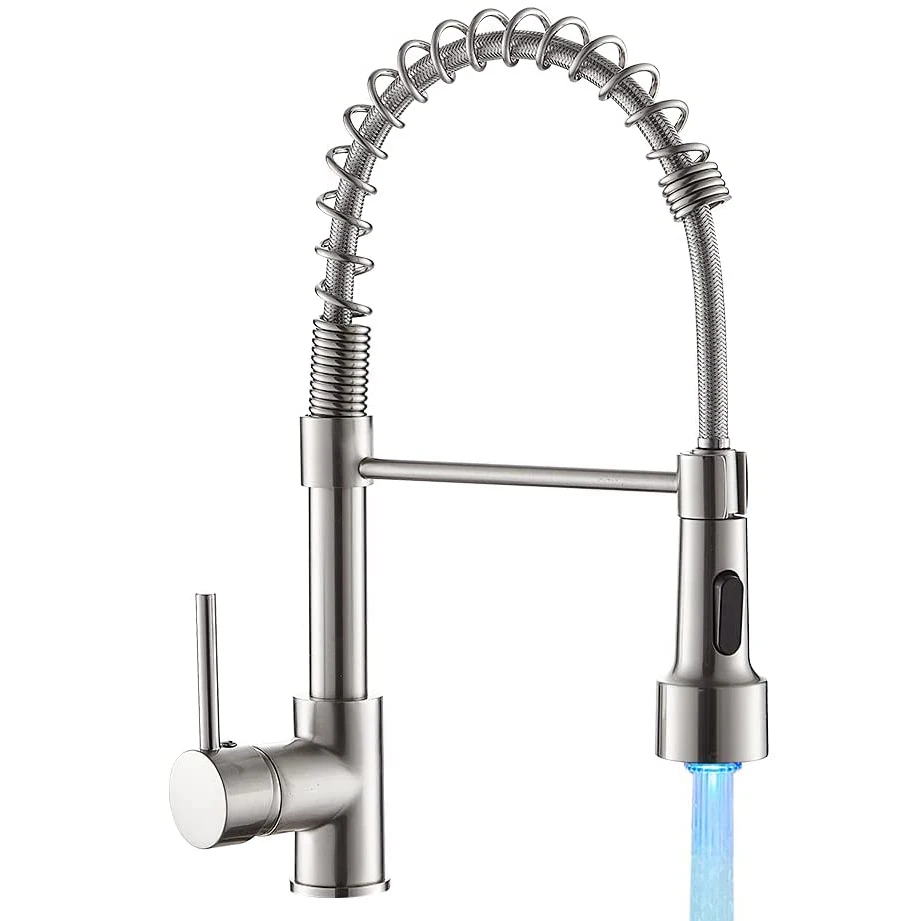 LED Light Kitchen Faucet with Pull Down Sprayer Sus304 Stainless Steel Industrial Single Handle Faucet  9005