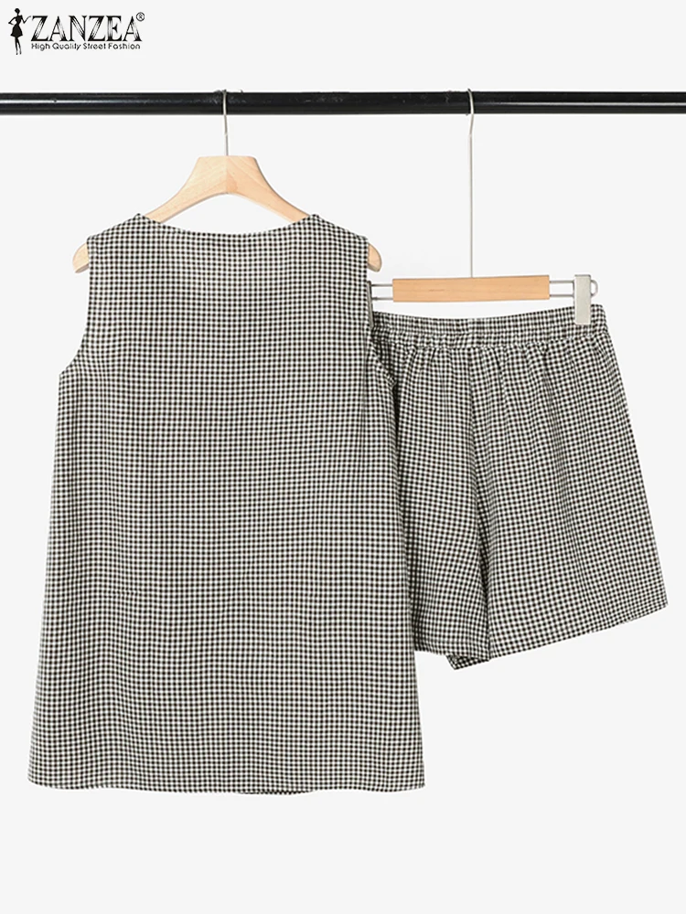 ZANZEA إمرأة عادية القماش القطني 2 قطعة مجموعات س الرقبة بلوزات بلا اكمام مرونة الخصر السراويل 2 قطعة وتتسابق خمر ملابس يوم مجموعات قصيرة