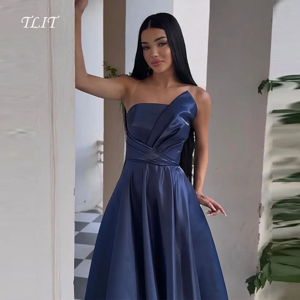

TLIT Navy Blue Silk Satin Evening Dresses Strapless Draped Prom Gowns Customized Party Dresses Customized vestidos de fiesta