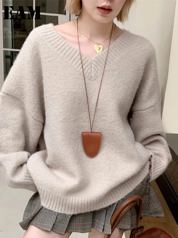 

[EAM] Apricot Big Size Elegant Knitting Sweater V-Neck Long Sleeve Women Pullovers New Fashion Tide Spring Autumn 2024 1DH7087