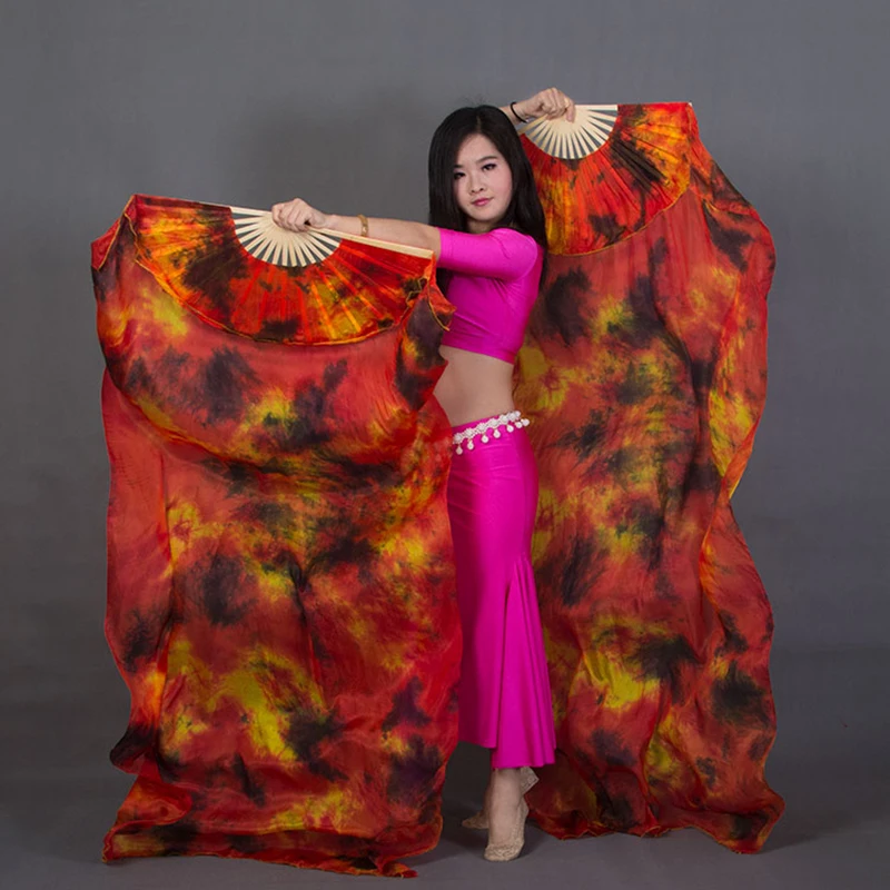 belly dance Accessories black red Dyed 100% pure natural silk fan veils for women belly dance performance fan A pair