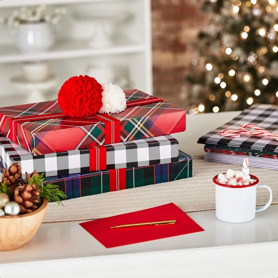 Medium Gift Boxes with Lids 12 Shirt Boxes 3 Designs: Buffalo Check Red Plaid Green Tartan for Christmas Holiday Parties Host G