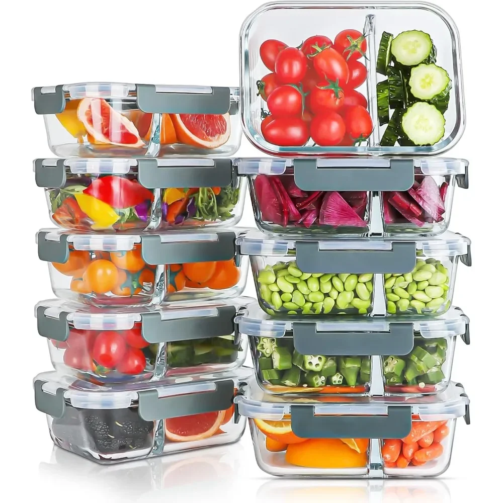 

10 Packs 30oz Glass Meal Prep Containers 2 Compartments,Glass Food Storage Containers with Lids,Airtight Lunch Bento Boxes