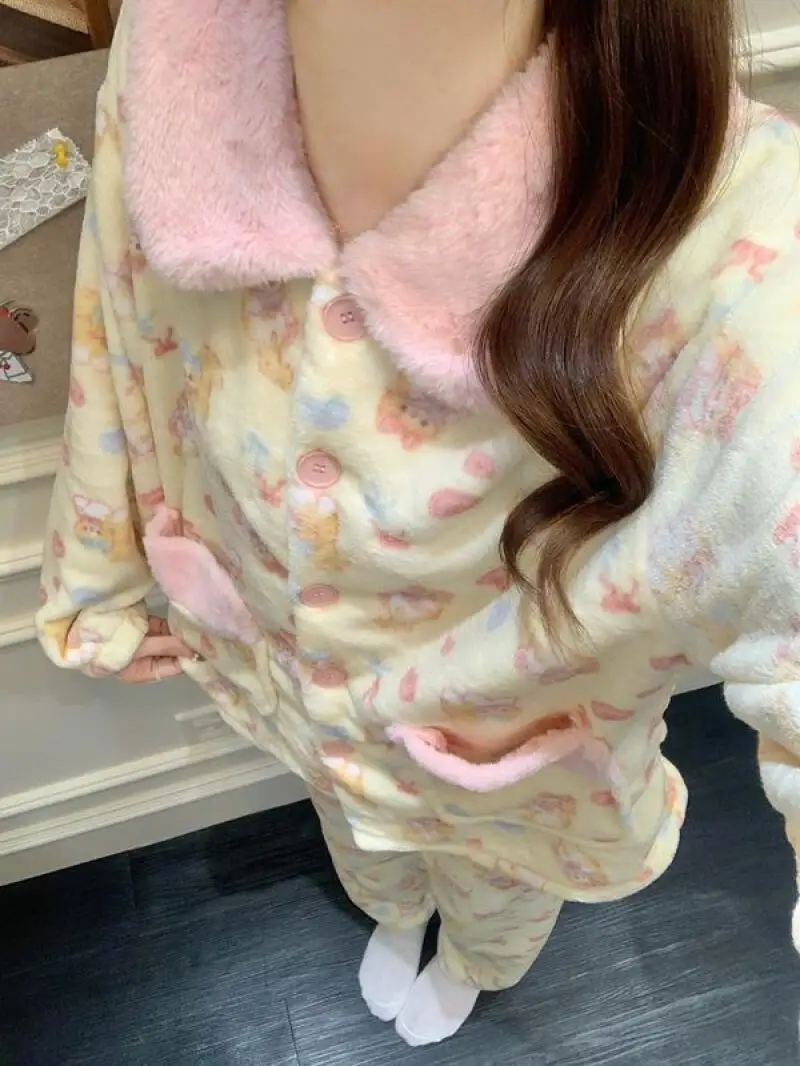 

Women's pajamas Comfortable Sleepwear Cotton Pajama Set winter autumn Coral Fleece Flannel Sweet Cartoon Warm Home Clothes