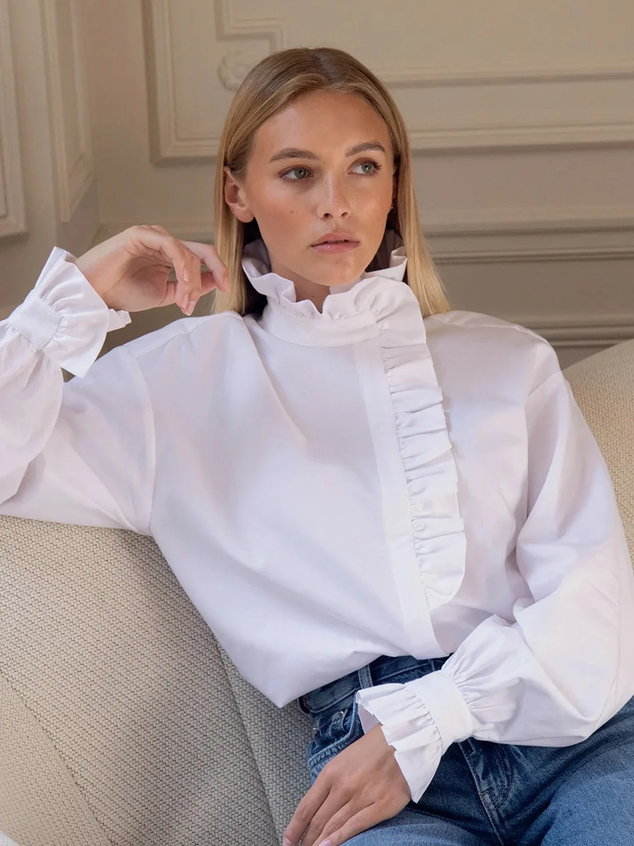 

Bornladies 2026 Spring Summer Women's Asymmetrical Placket Shirt Stand Collar Ruffled Stylish Design Office Lady Long-Sleeve Top