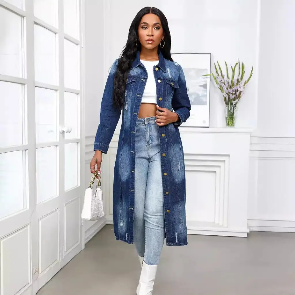 Trench coat jeans feminino com buraco longo design fornecimento de tiro real moda agasalhos