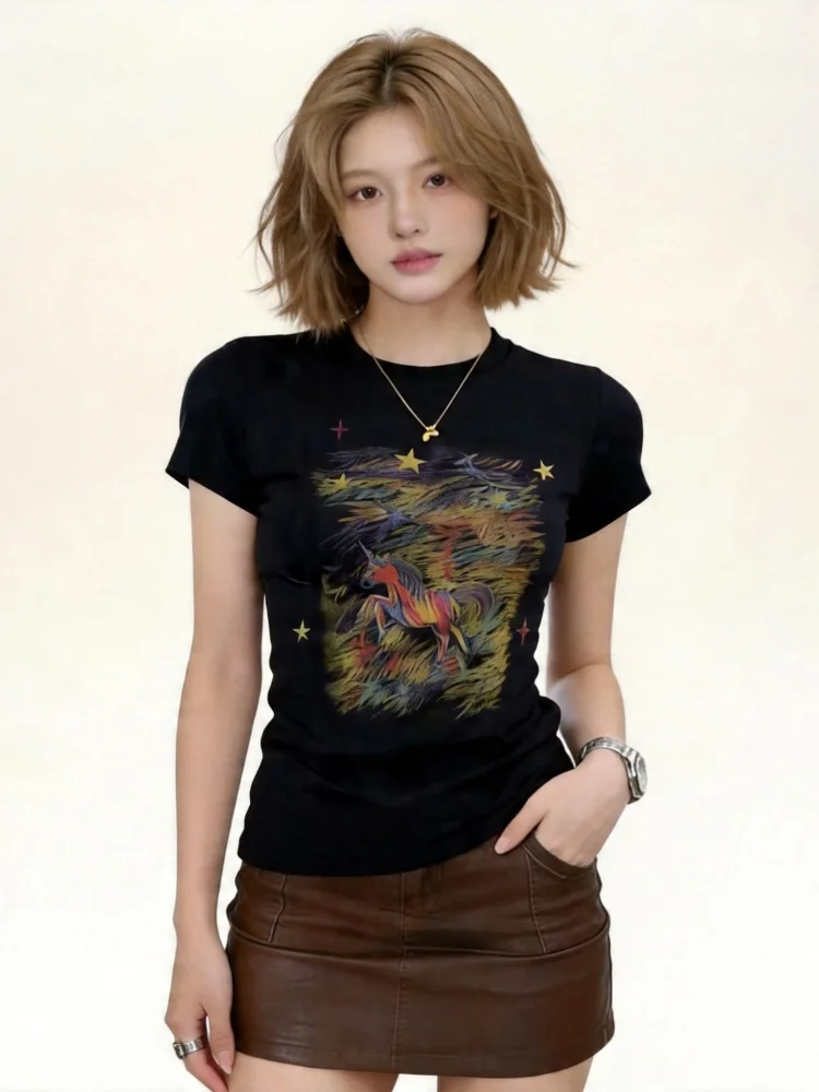 Summer 2026 Women's Ultra-Thin Luxury Short-Sleeve T-Shirt Star Print Korean Style Commute Standard Fit round Neck Short Length