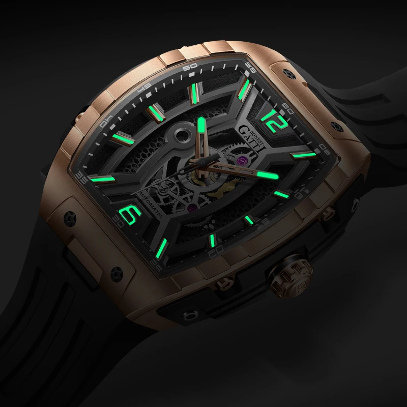 BONEST GATTI ساعة أوتوماتيكية للرجال 46 مللي متر * 51 مللي متر Tonneau ساعة اليد الميكانيكية الجوف خارج الهاتفي الياقوت مضيئة حزام مطاط الفلور