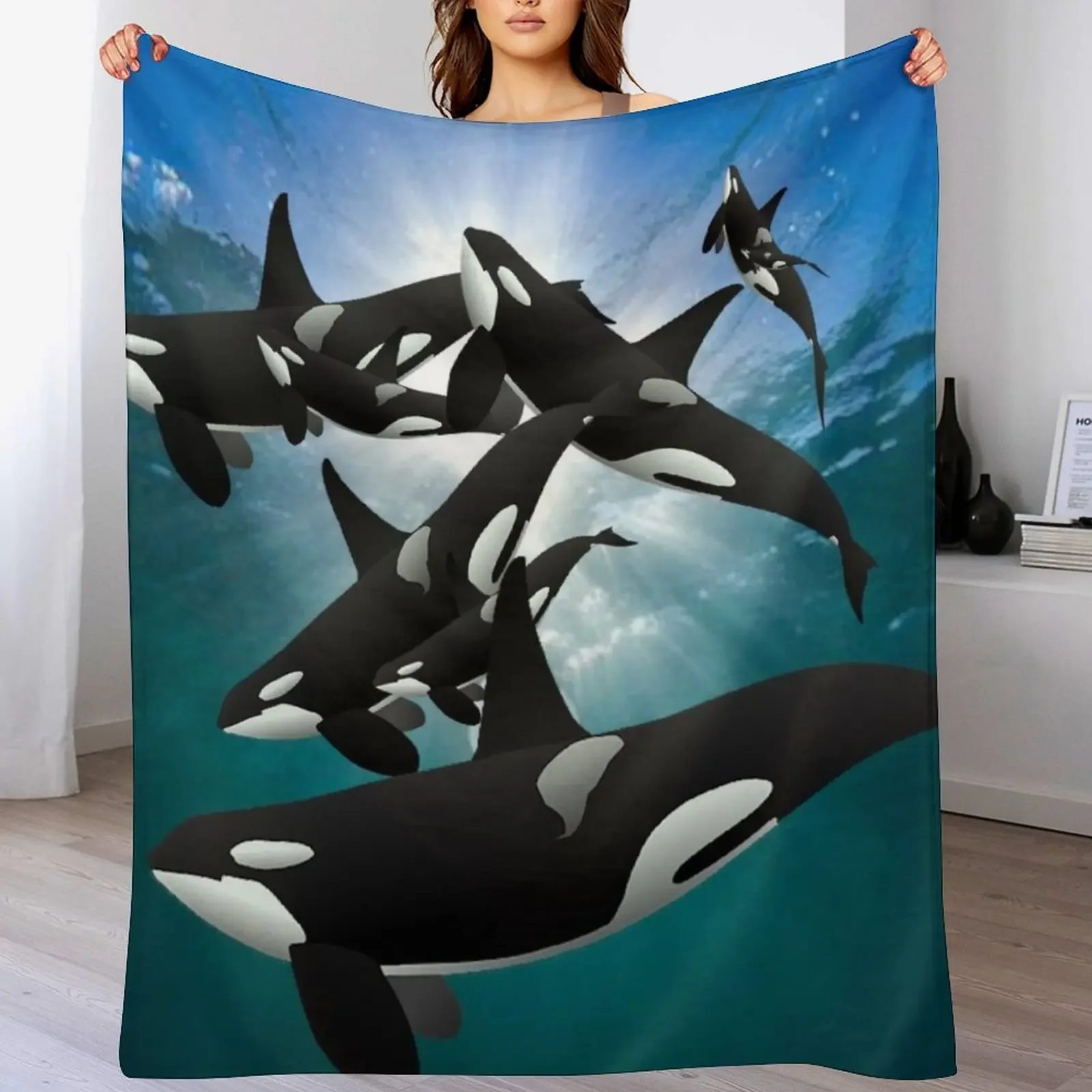 

Ocean Orcas, Killer Whales and Calves Throw Blanket Soft Sherpa Fleece Warm Blanket for Winter