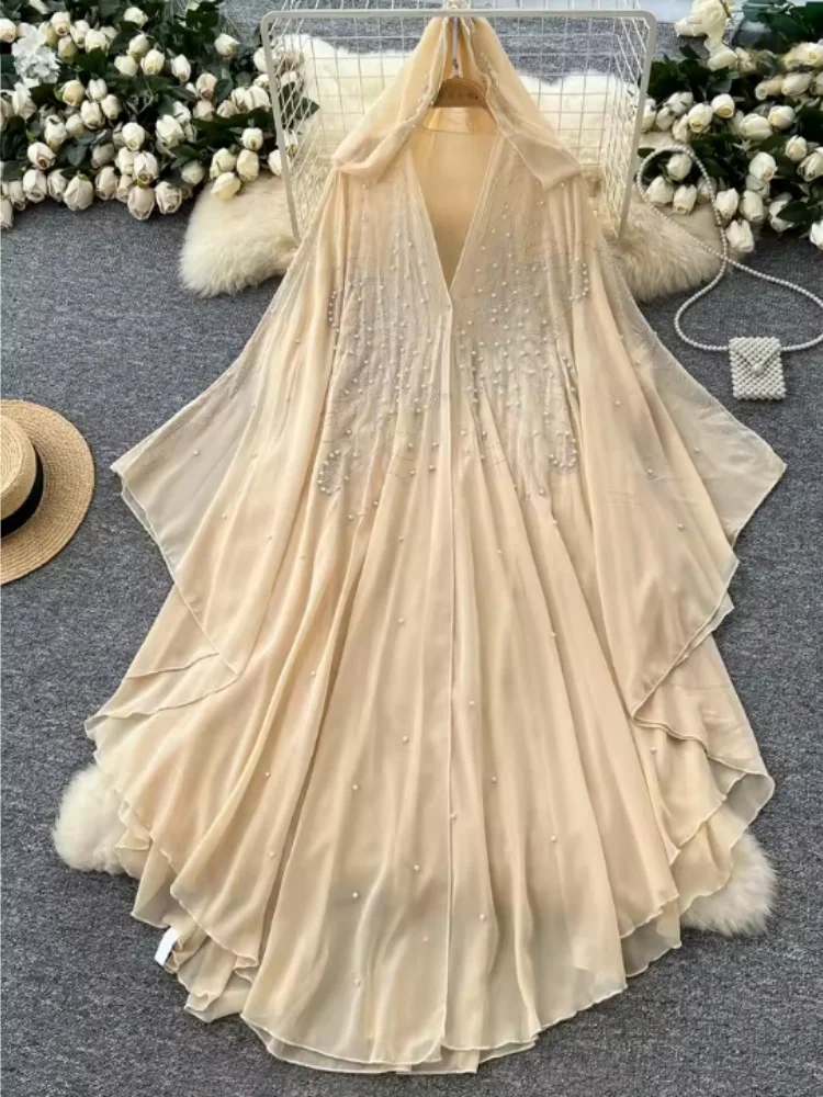 Fashion Heavy-Duty Beaded Hooded Shawl Coat Women  Spring Summer Loose Thin Cowl Neck Mesh Cover up Dress