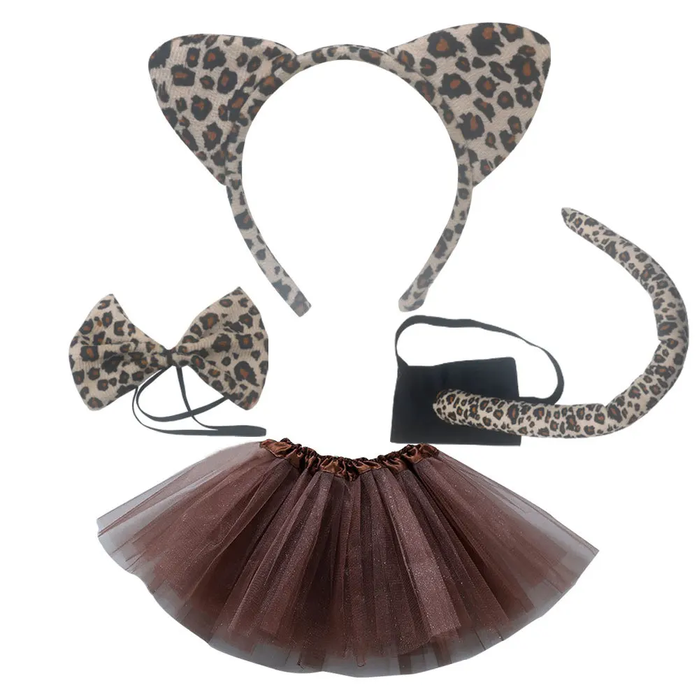 Kinder Erwachsene Frauen Mädchen Gepard Katze Leopard Set Ohren Krawatte Stirnband Bogen Tutu Rock Party Zubehör Halloween Kostüm Cosplay