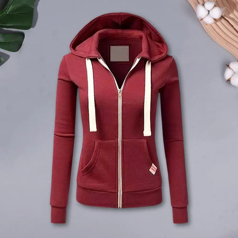 

Zipper Hooded Jacket Stylish Drawstring Hooded Women's Jacket with Zip-up Closure Long Sleeves Elastic Cuff for Fall Winter