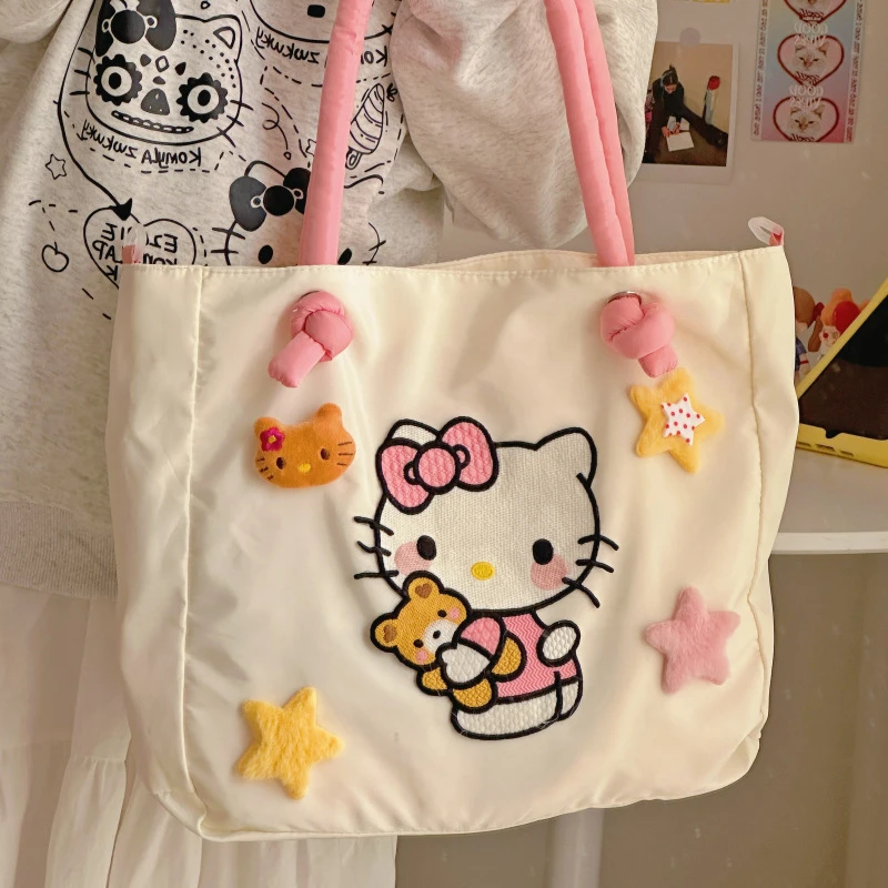 

MBTI Hello Kitty Womens Tote Bag Embroidery Nylon Large Capacity Cute Cartoon Shoulder Bag Casual Commuter Travel Female Handbag