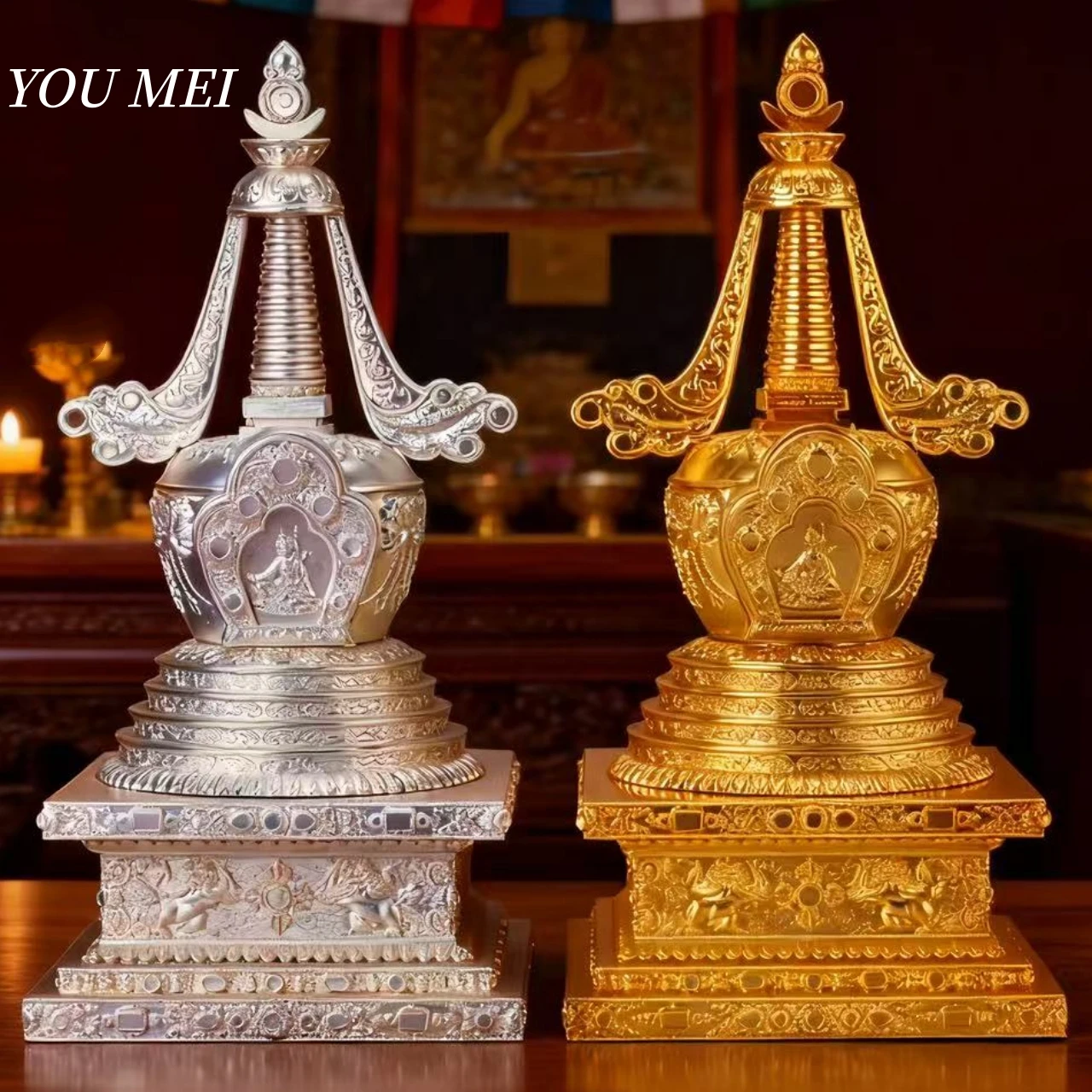 Large Size Buddhist Relics Pagoda,Golden Engraving Alloy Double-Layer 33 cm Tower,Tibetan Altars Stupa,Buddhist Item Religious