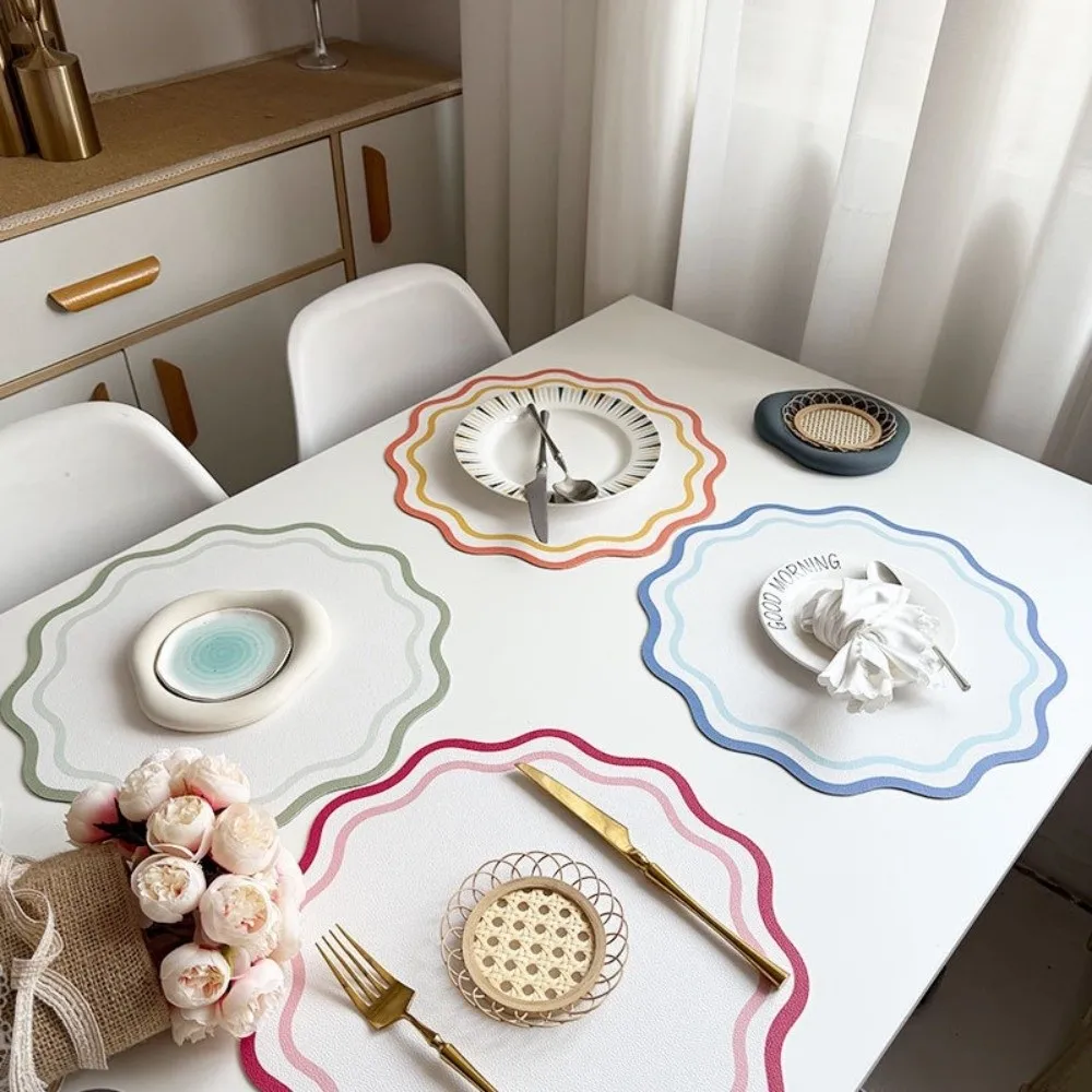 Flower Shape Printed Decorative Placemat PU Leather Waterproof Insulated Table Mat Striped Heat-resistant Dining Table Plate Mat