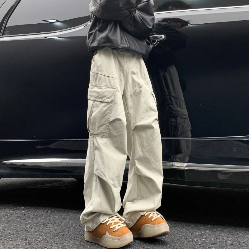 Men Vintage Washed Wide Leg Cargo Pants Multi Pockets Loose Straight Work Trousers Streetwear Outdoor Casual Long Pants Fashion