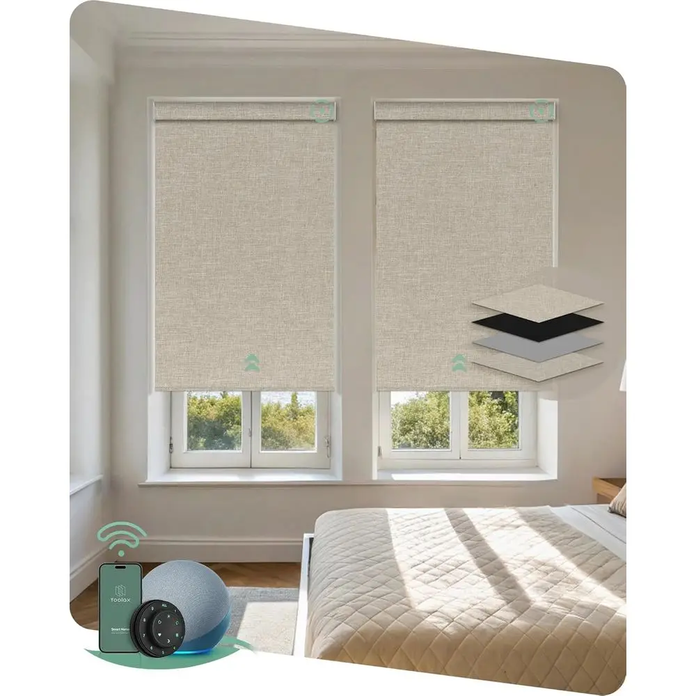 

Motorized Blackout Fabric Roller Shades, Compatible with Alexa, Custom Size Beige