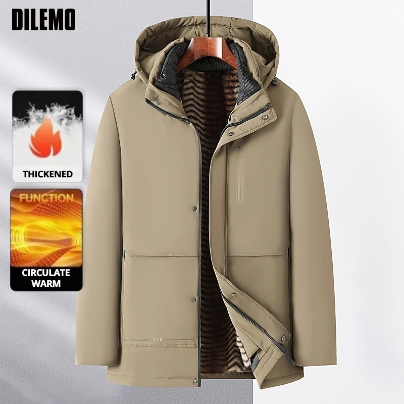 

High End Men's Winter Parka Jacket Heavy Windbreaker Coat with Fleece-lined Thickened Inner Lining Windproof Hooded Warm