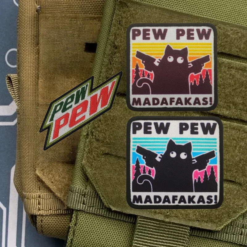 Pew Pew Madafakas Tactical Patches Fun Embroidery Hook&Loop Patch Military Double Spear Black Cat Morale Badge Backpack Stickers