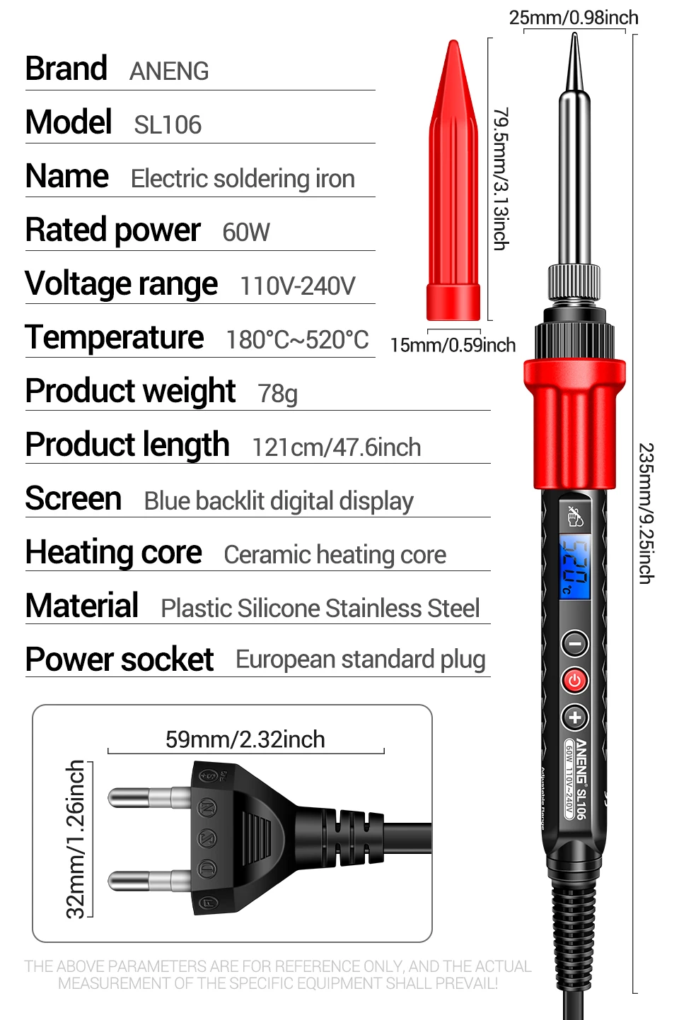 ANENG SL106 Digitale Elektrische Lötkolben 110 V/220 V Einstellbare Temperatur Professionelle Schweißen Solder US/EU Stecker schweißen Werkzeug – Detail 13