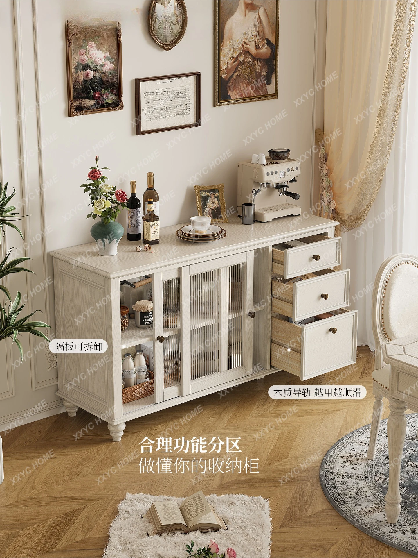 ML Side cabinet  white living room all solid wood wall locker  cream style dining room tea cabinet