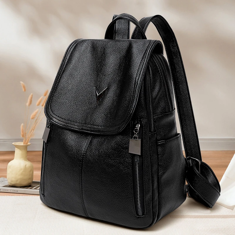Sac à dos noir en cuir véritable souple pour femme, sac de voyage vintage, sacs à dos antivol pour femme, grande capacité, sac à dos pliable, mode