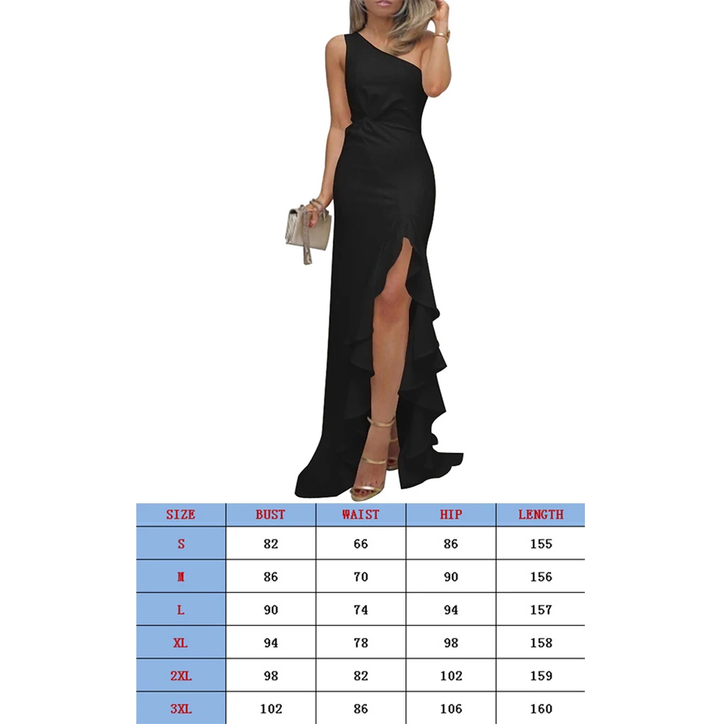 فستان بلون سادة بكتف مائل بدون أكمام للحفلات ذات فتحة عالية وحاشية كبيرة مكشكشة