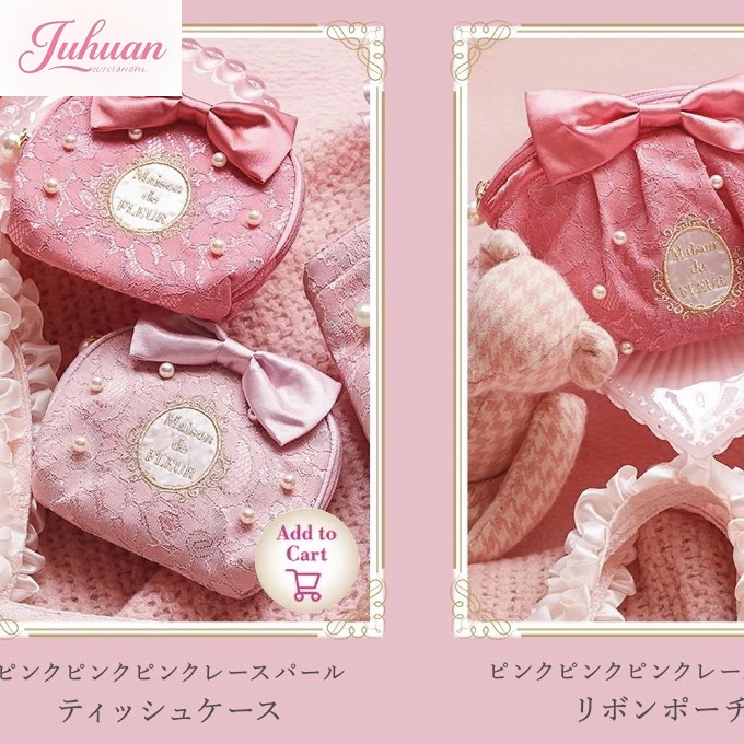 Japanese Original Girl British Style Lace Pearl Floral Pattern Pink Bow Small Change High Value Storage Bucket-shaped Women Bag