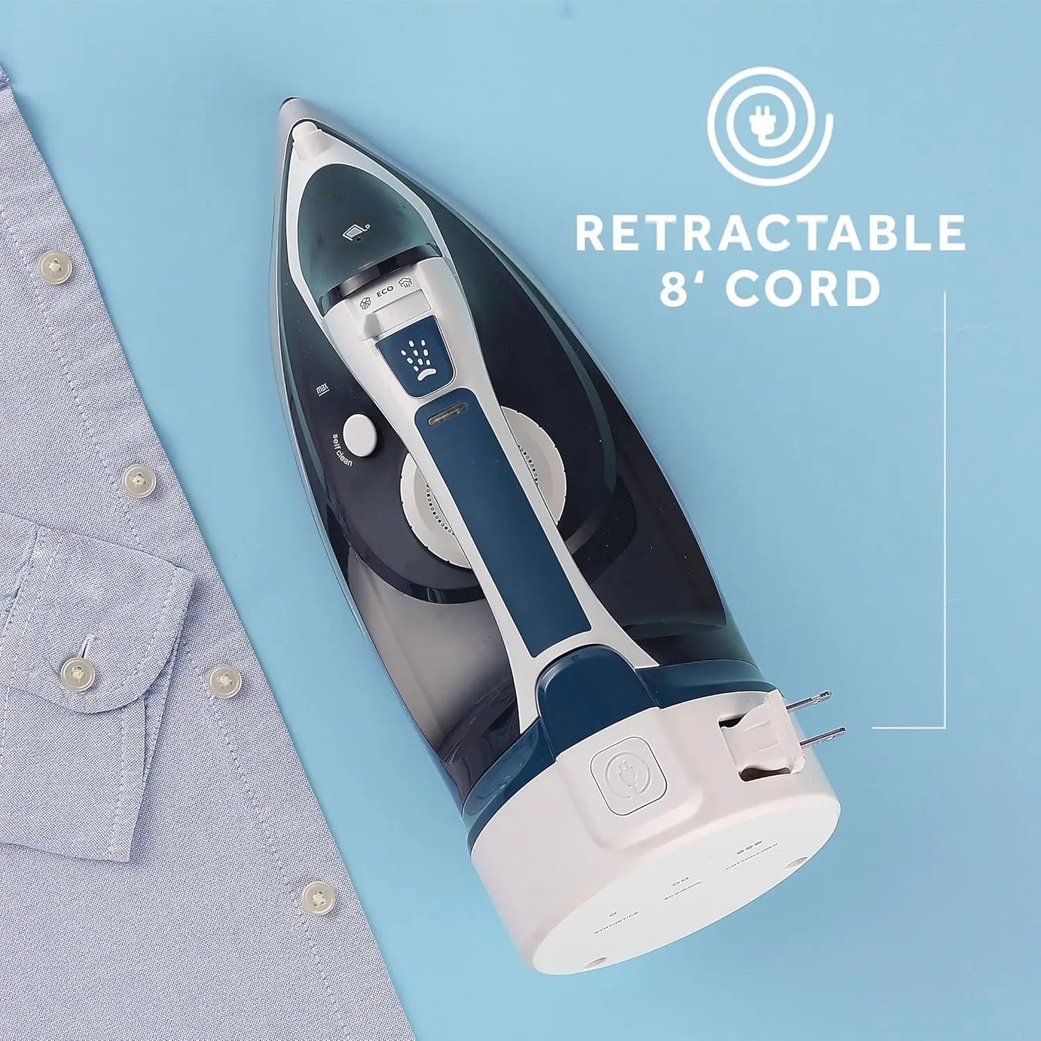 1700W スチームアイロン、8フィートコード、可変温度、ノンスティックソールプレート、デュアルスプレー、自動オフ、ブルー＆ホワイト