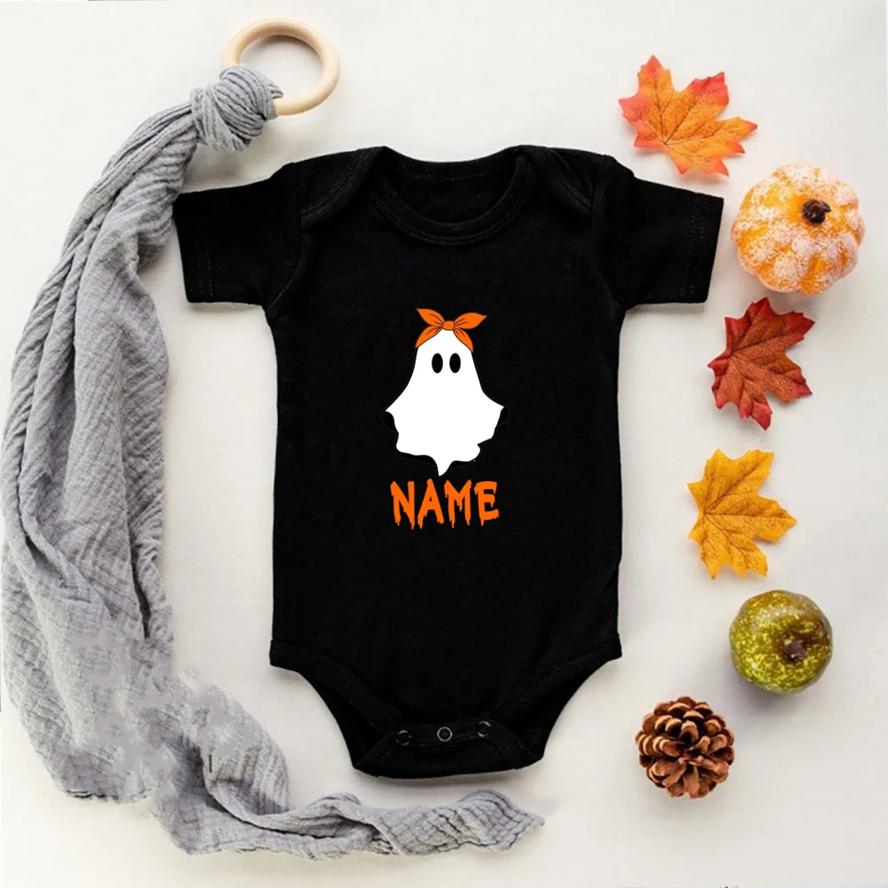 Personalized Baby Romper Ghost with Name Newborn Bodysuit Boys Girls Halloween Party Outfit Infant Holiday Short Sleeve Jumpsuit