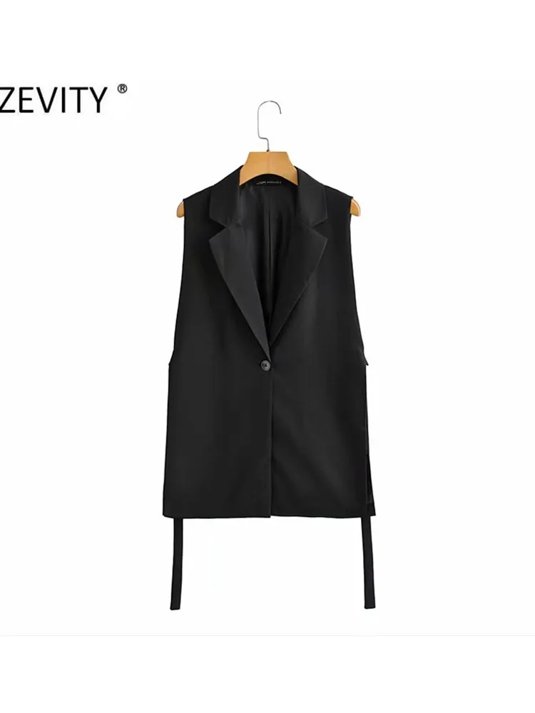 Zevity Women 2021 Fashion Solid Side Split One-Button Vest Vintage Female Sleeveless Outerwear Suit Chic Outwear Waistcoat CT734