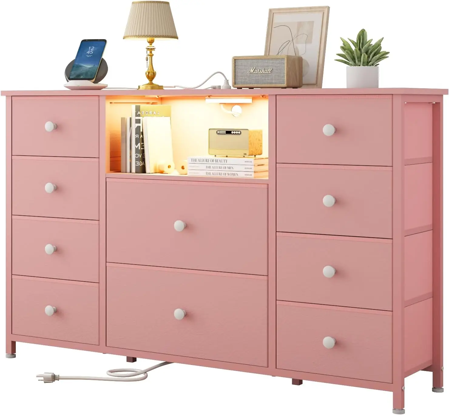 Commode rose avec station de charge et lumières LED, longue commode pour chambre à coucher de filles, meuble TV avec 10 portes de proximité, robes larges en tissu