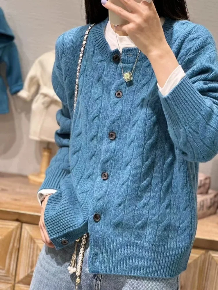 البوب الخريف والشتاء سترة الكشمير المعنقة المرأة Crewneck سميكة تويست سترة فضفاضة وكسول نمط 100% الصوف الخالص محبوك معطف Ti #4