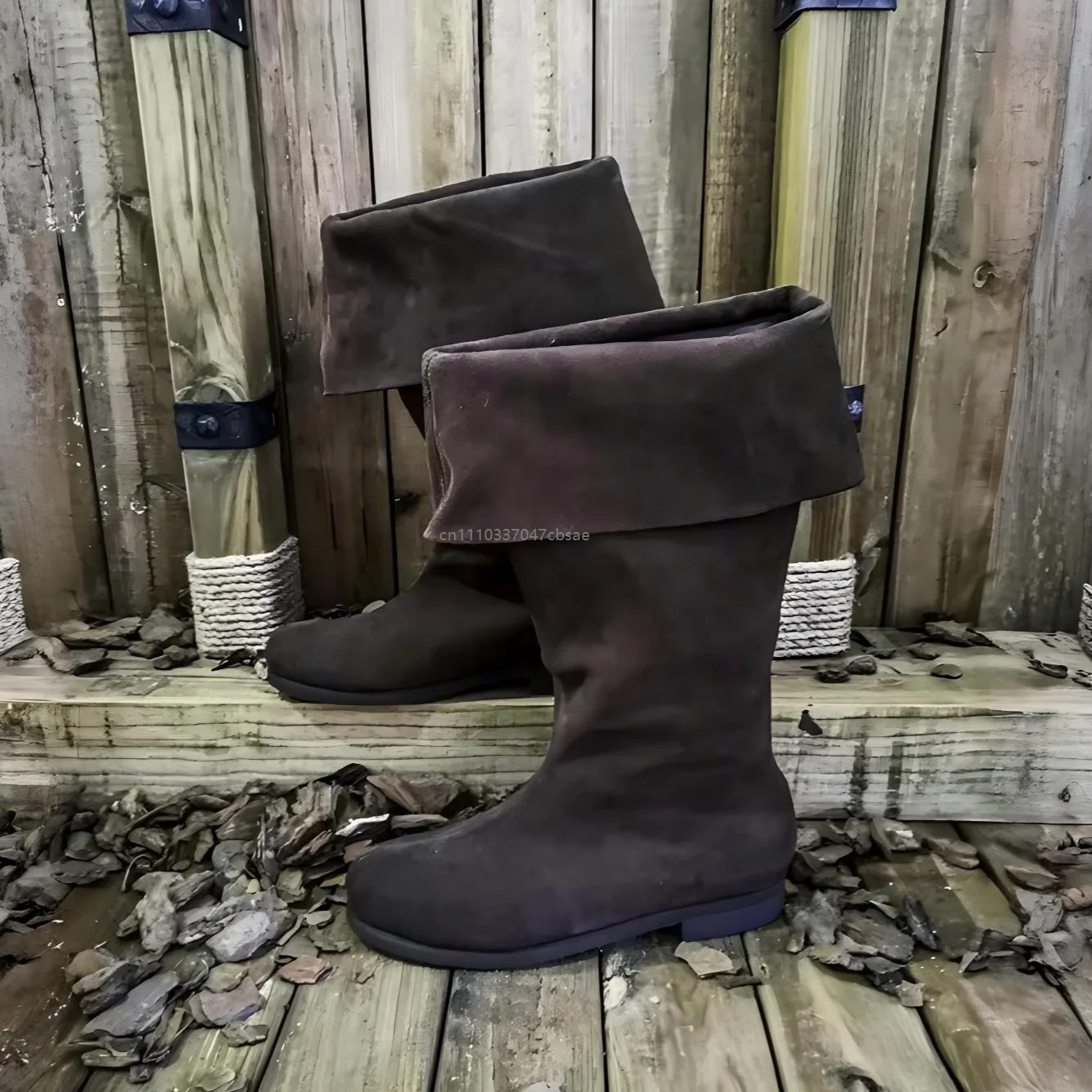 Medieval Renaissance Fold Over Mid Calf Flat Boots Retro Pu Leather Suede Boot Cosplay Pirate Halloween Warrior Shoes Footwear