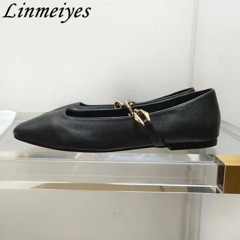 Genuine Leather Flat Shoes Woman Square Toe Mary Jane Shoes Ladies Metal Chain Loafers Fashion Comfort Walking Shoes Women