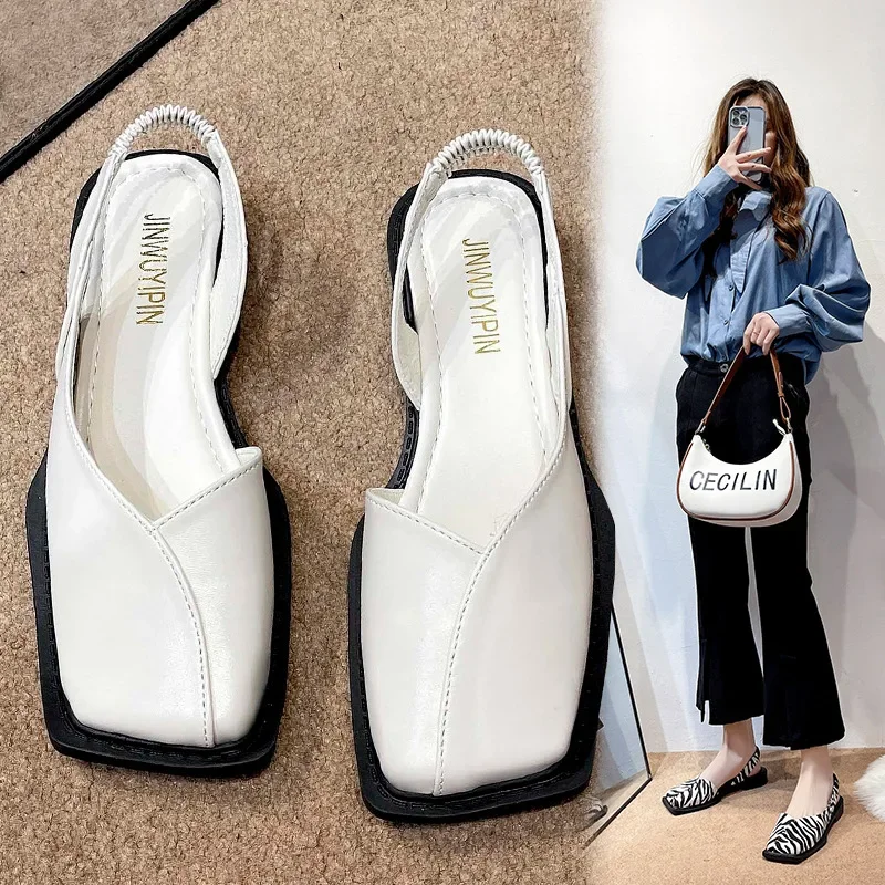 2023Closed Toe Sandals Fashion Womens Shoes Suit Female Beige Med Block Low heel Shallow Mouth Luxury Black Summer Sandalias