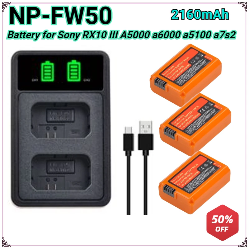 

2160mAh NP-FW50 NPFW50 Li-ion Battery for Sony ZV-E10 A7 A7R A7RII A7II A7SII A7S A6300 A6400 A6000 RX10 Series& Dual Charger