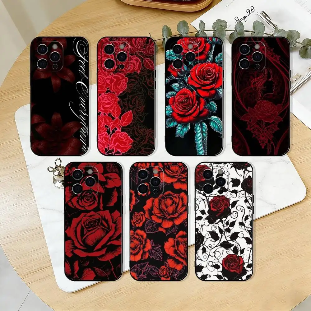 

g-Gothic Rose-e Phone Case For iPhone 17,16,15,14,13,12,11 Plus,Pro Max,XS,Soft Silicone Black Cover